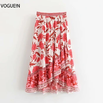 

VOGUEIN New Womens Boho Retro Ethnic Floral Print A-Line Asymmetrical Blue/Red Maxi Skirt Wholesale