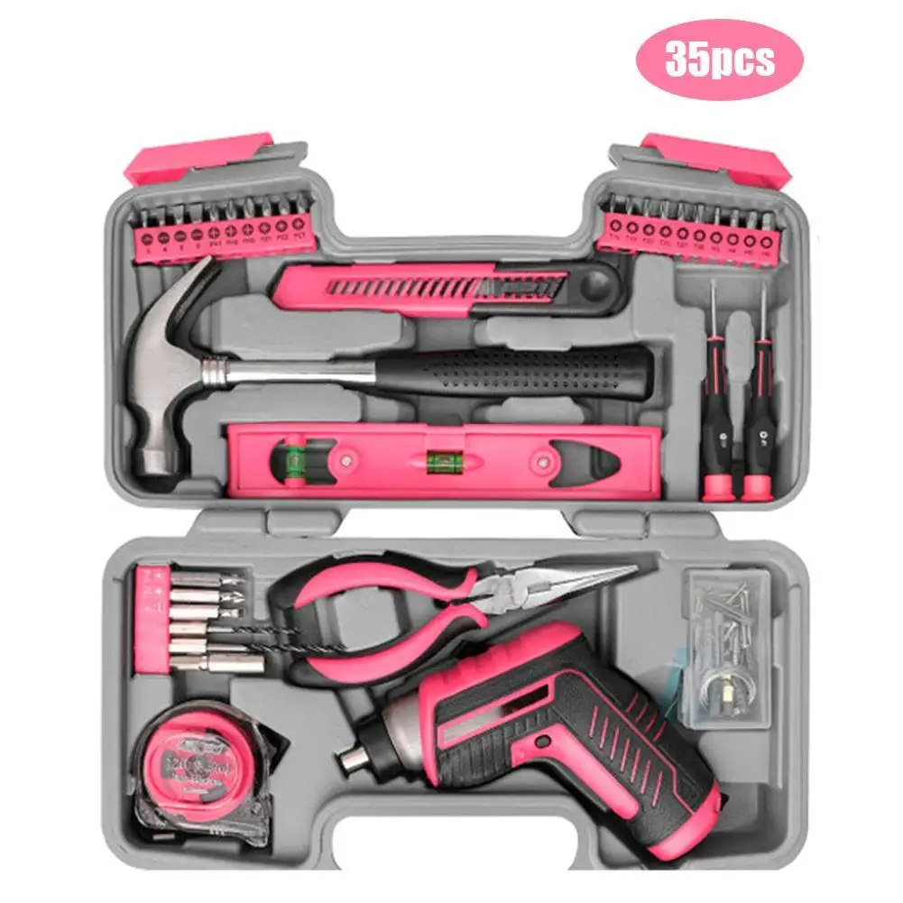 35PCS Electric Screwdriver Home Tool Kit USB Rechargeable Pink Hand Tool Bits Pliers Hammer For Household Repair Screwdriver Set