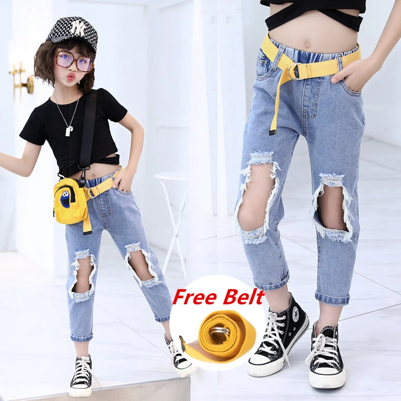 Pantalones vaqueros rotos con cinturón para niña, Jeans agujeros en las rodillas, informales, con estilo, para verano|Pantalones| - AliExpress