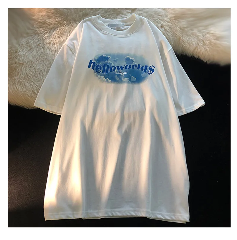 

Летняя тонкая Корейская Свободная Повседневная белая футболка с короткими рукавами и круглым вырезом с буквенным принтом