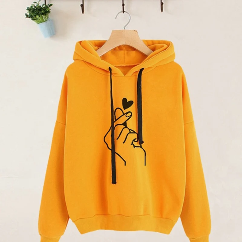 

Spring Autumn Women Hoodies Tops Casual Soft Heart Print Solid Loose Drawstring Sweatshirt Long Sleeve Hooded Female Pullover