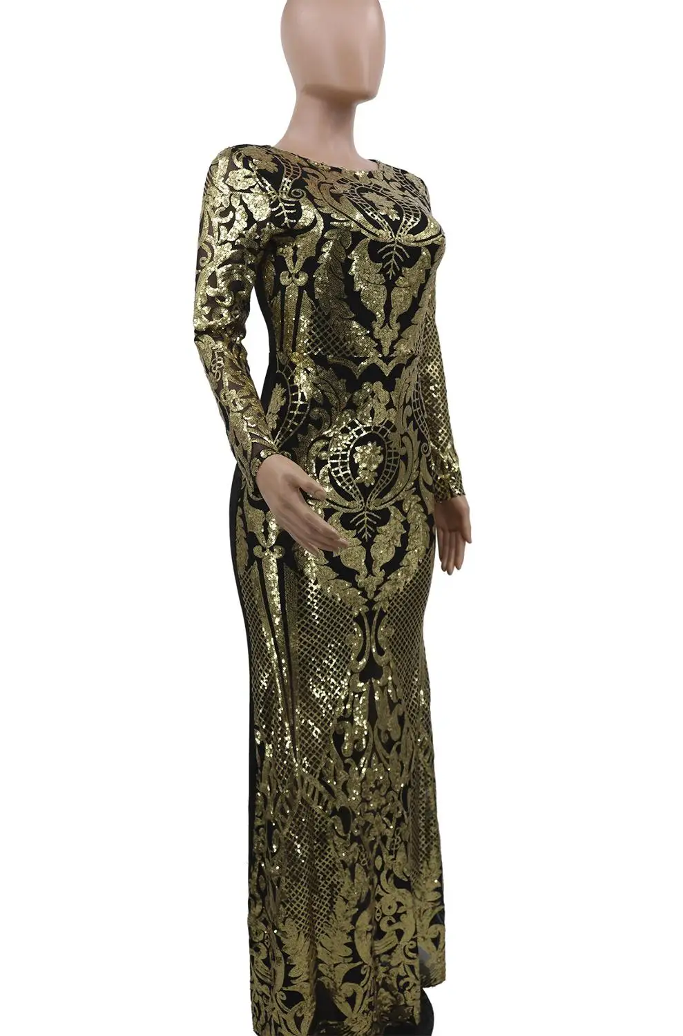 Yooneedi Autumn Design Sexy Women Sequins Dress Color Solid O-neck Full Sleeve Ladies Maxi Dress CY8199