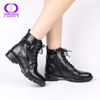 

AIMEIGAO Lace-up Black Ankle Boots Women Autumn Winter Zipper Low Heels Boots Women Buckle Strap Motorcycle Boots Waterproof