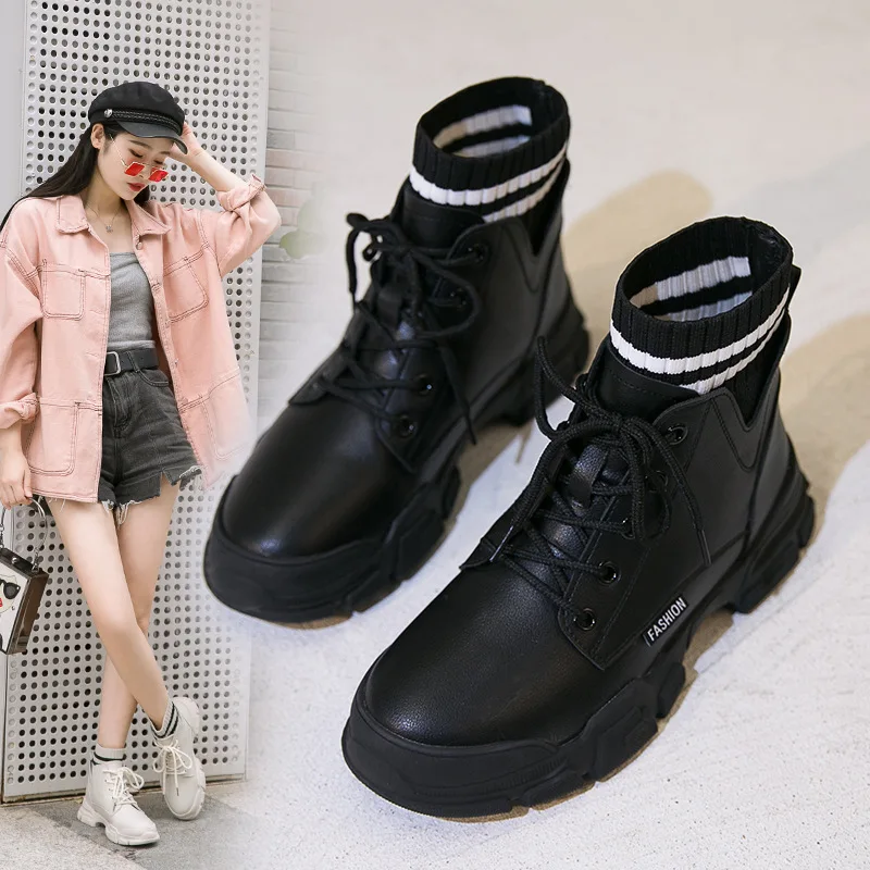 

Martin Boots Women's 2019 Children Versatile Korean-style Chunky-Heel Semi-high Heeled round-Toe Martin Boots New Style Short Bo