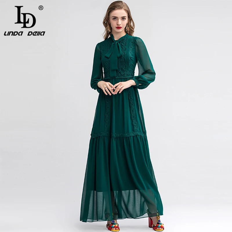 Многоцветный LD LINDA делла, Осеннее модное платье макси, женское платье с бантом на воротнике, Цветочная вышивка, одноцветное длинное платье, вечернее платье - Цвет: Многоцветный