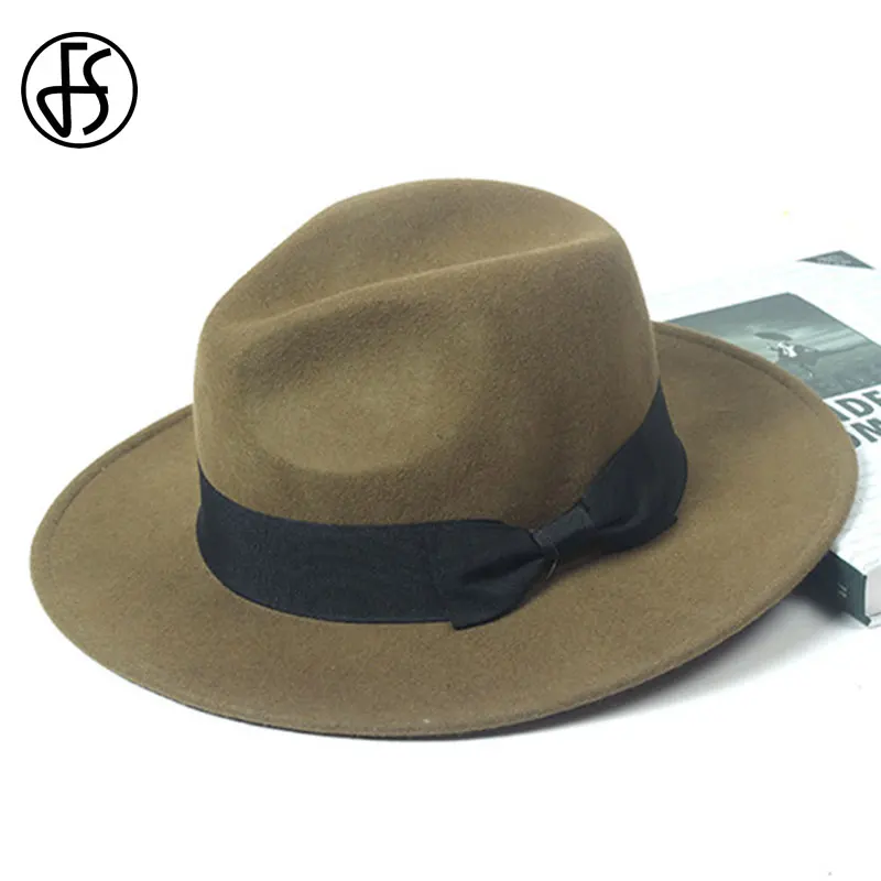 Army Green Wool Hat FS, женская шляпа, винтажная, черная, шляпа с широкими полями, фетровые, шерсть, фетр, зимние, элегантные, шапки для женщин, бант, Панама, кепка, женская, Трилби, шляпа, осень - Цвет: Army Green Wool Hat