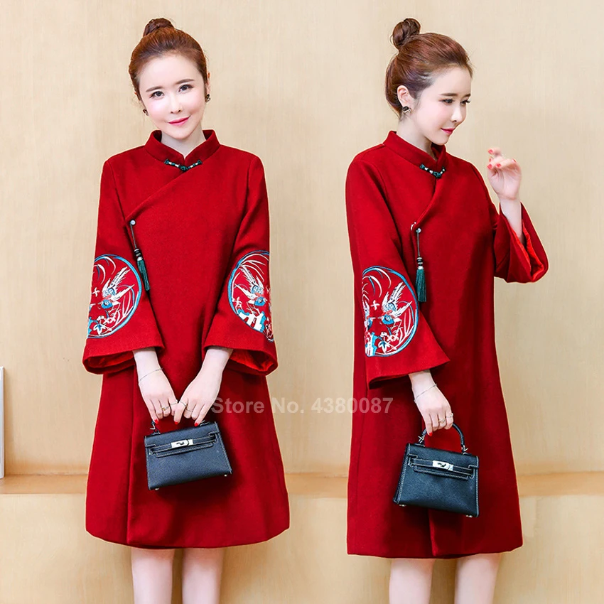 Женское зимнее пальто традиционная китайская одежда зимнее толстое Ципао платье с вышивкой журавля винтажное шерстяное Ципао Новогоднее