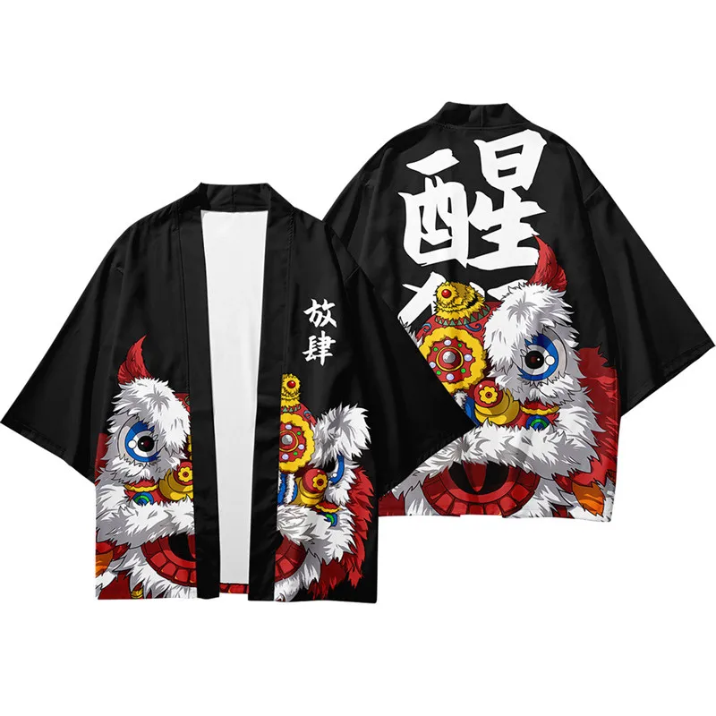 Chinese Dragon Lion Dance Print Shirt Clothing Traditional Haori Cosplay Kimono Women Men Japanese Streetwear Cardigan Yukata
