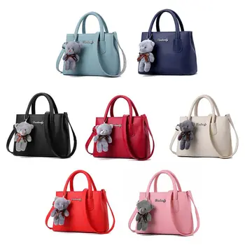 

Ladies Handbag Leather Grain Solid Color Elegant Style Shoulder Bag with Pendant
