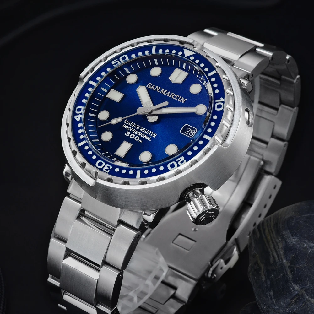 San Martin Diver TUNA Stainless Steel Watch NH35 Sapphire Enamel Sunray Men Automatic Mechanical Watches Blue Super Luminous