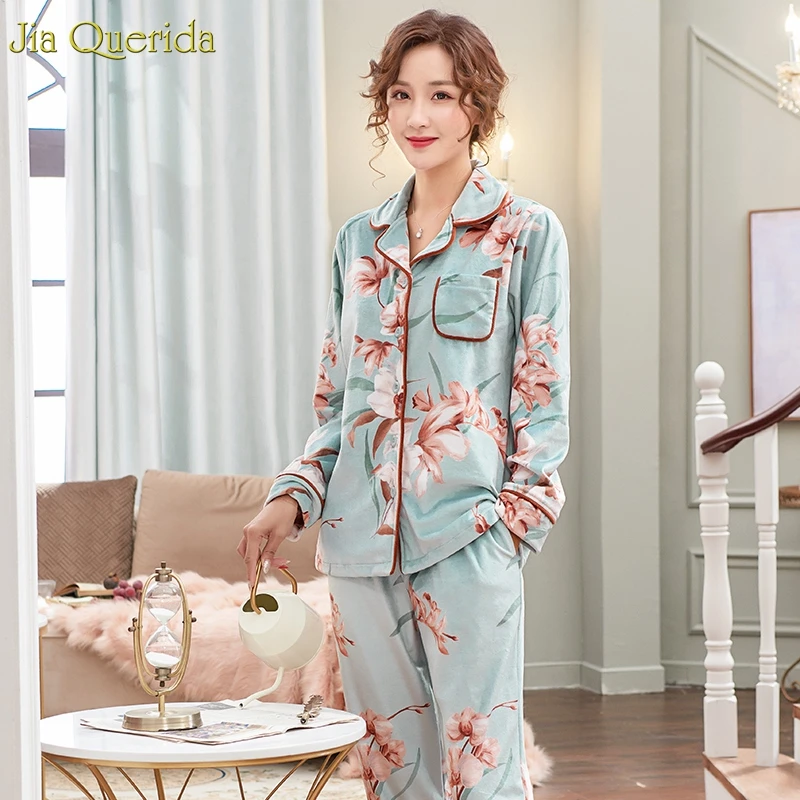 

Winter Pajamas Women Warm Home Clothes Leisure Night Suits Lake Blue Floral Printing Pajamas Velvet Fleece Cozy Pjs Women Pyjama