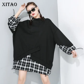 

XITAO 2020 Early Spring New Hoodies Harajuku Plaid Stitching Fake Two Tops Women Fashion Hip Hop Irregular Clothes DMY2844