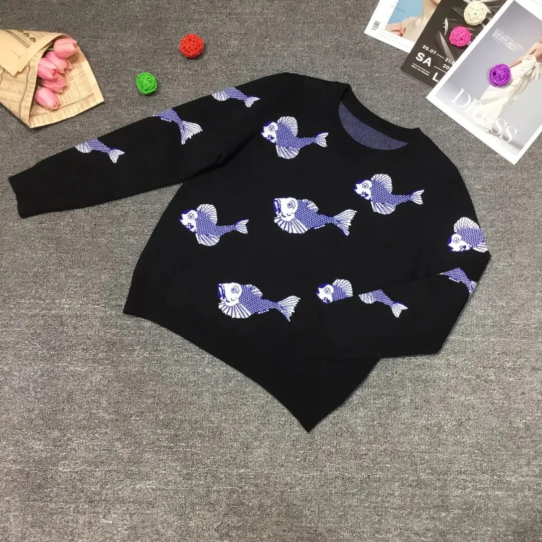 

2019 New Fish Black Printed Sweater Women Cotton Casual O-Neck Full Pullovers Embroidery Animal