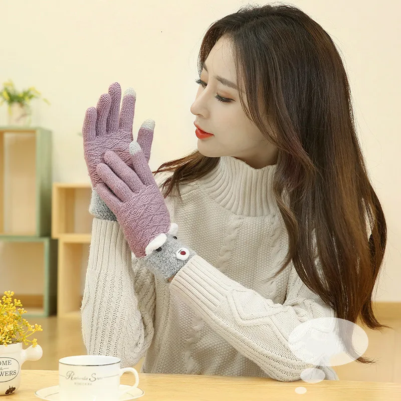 Зимние перчатки с сенсорным экраном для женщин и мужчин, теплые эластичные вязаные рукавицы, имитация шерсти, полный палец, женские утепленные - Цвет: Violet