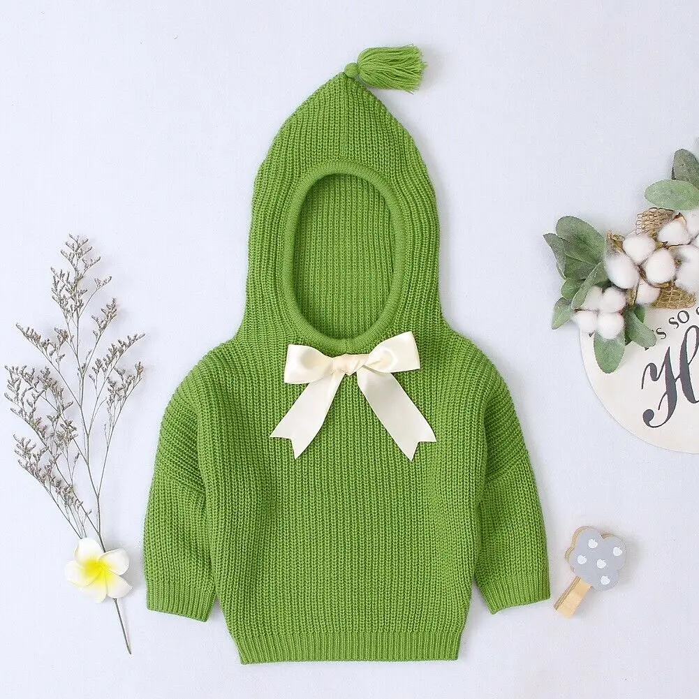 Осенне-зимняя вязаная для маленьких девочек; теплый свитер с капюшоном для новорожденных; однотонная Одежда с бантом - Цвет: B