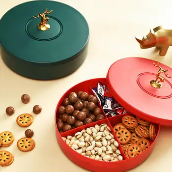 

4 Grids Round Shape Home Candy Fruit Nuts Storage Box Plate Organizer with Lid