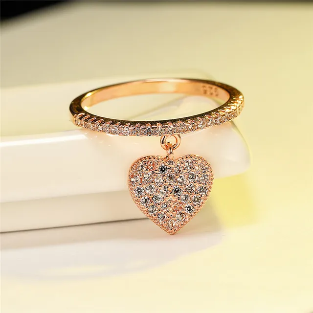 Cute Heart Pendant White Zircon Rings For Women Yellow Gold/White Gold/Rose Gold Engagement Promise Ring Female Wedding Jewelry 6