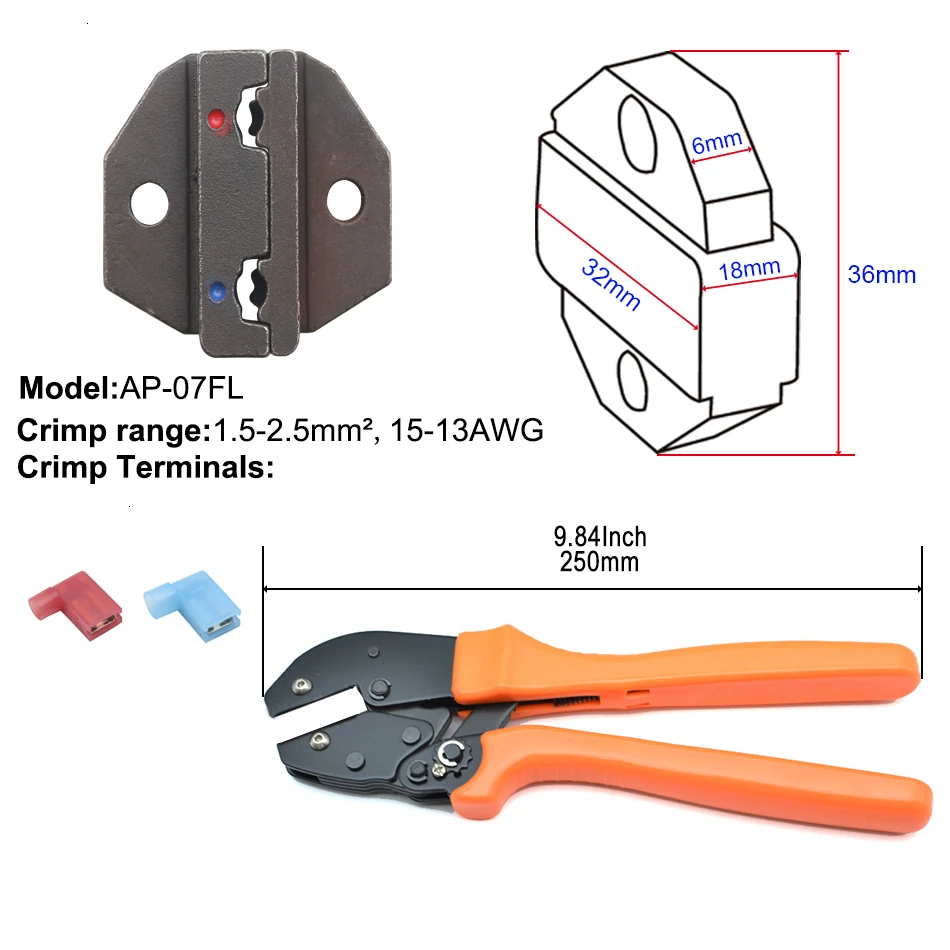 Обжимной инструмент 250 мм трещотка провода щипцы и сменные штампы для термоусадочных разъемов неизолированные наконечники - Цвет: 07FL
