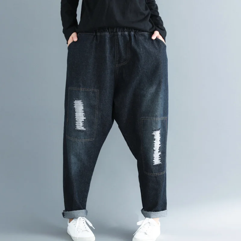 Johnature осенние свободные удобные черные джинсы с высокой талией новые корейские штаны длиной до щиколотки женские штаны-шаровары с эластичной талией