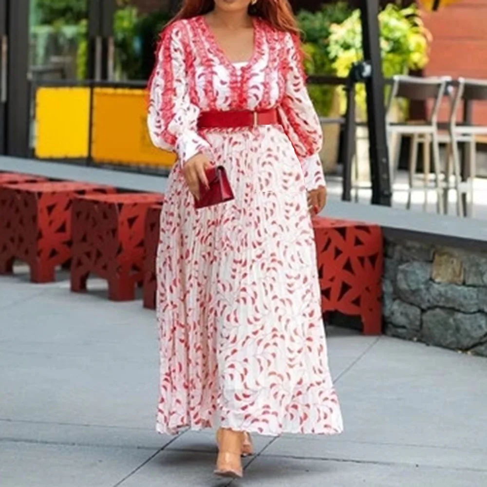 

Elegant Floral Print Long Dress Women Lace Patchwork Long Sleeve Pleated Dress Summer 2020 V-Neck Ankle-Length Maxi Vestidos