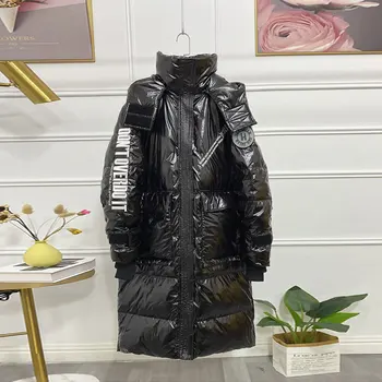 

Long Down Jacket Women Hooded Shiny Armband Korean Loose White Duck Puffer Down Coat 2020 Winter Women Outerwear Parka