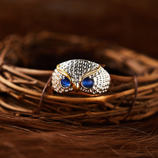 Vivid Cute Cat Eyes Owl Ring Resizable Design Men Women  Wedding Fingle Accessories Vintage Silver Color Open Rings Jewelry