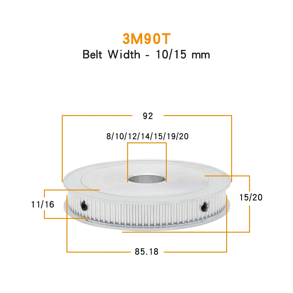 전기 모터 풀리 보어 사이즈 8mm, 10mm, 12mm, 14mm, 15/20mm 벨트 풀리 합금 소재, 너비 10/15mm, 3M-90T 타이밍 벨트