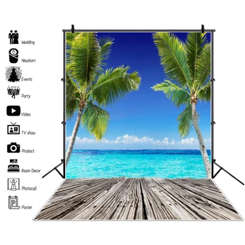 

Laeacco Tropical Palms Tree Sea Wooden Board Blue Sky Cloud Children Portrait Backgrounds Photography Backdrops For Photo Studio