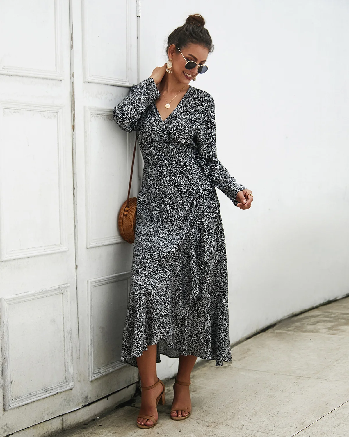 

2019 Summer New Boho Women's Dress Shivering Print V-neck Long SLeeve Wrap Ruffled Ankle Length Dress Beach Holiday Casual Wear