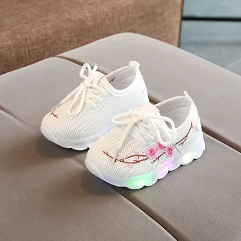 

Toddlers Baby Girls Embroidery Flower LED Luminous Sport Shoes for Children Kids Running glowing sneakers