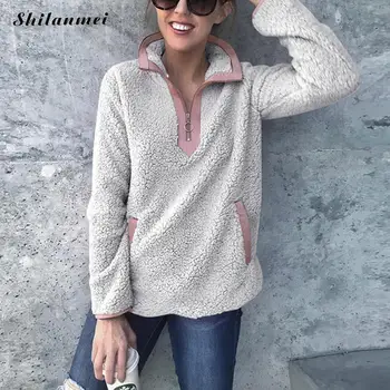 

Zipper Stand Collar Pullovers Hoodies Women 2019 Autumn Winter Fleece Casual Winter Warm Plush Kawaii Female Coat Teddy Pullover