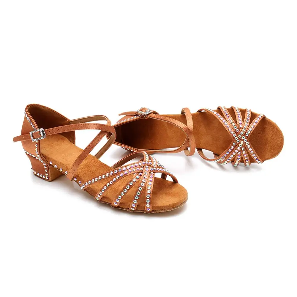 HROYL Latin Dance Shoes for Girls Women Ladies With Rhinestone Ballroom Modern Tango Dancing Performance Shoes 3.5/4CM Heels 2