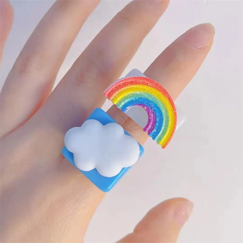 finger ring Women Girls Funny Children Finger Ring Summer Jewelry Gift Cute Cartoon Smile White Cloud Rainbow Resin Acrylic Rings