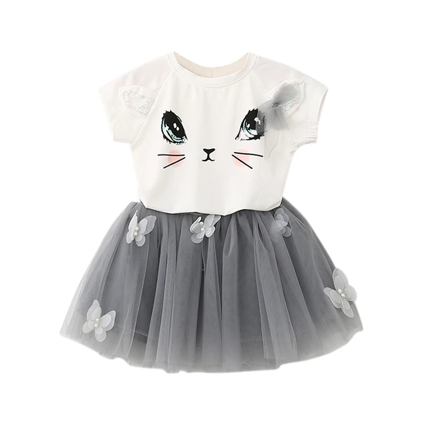  Summer Baby Girls Clothing Sets Fashion Cartoon Cute Kitten Printed T-Shirts+Net Veil Butterfly Bea