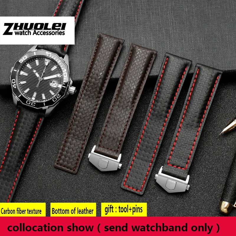 Textura de Fibra de Carbono Couro Genuíno Pulseira Inferior para a Marca Pulseiras Cintas Masculinas 19 mm 20 mm 22 mm com Fivela Dobrável