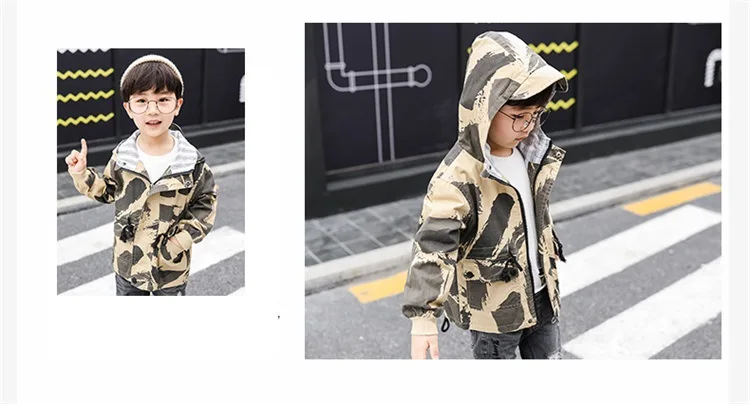 Камуфляжное пальто для мальчиков; сезон весна-осень; Новинка 2019 года; модная детская одежда в Корейском стиле с капюшоном для детей 2-8 лет