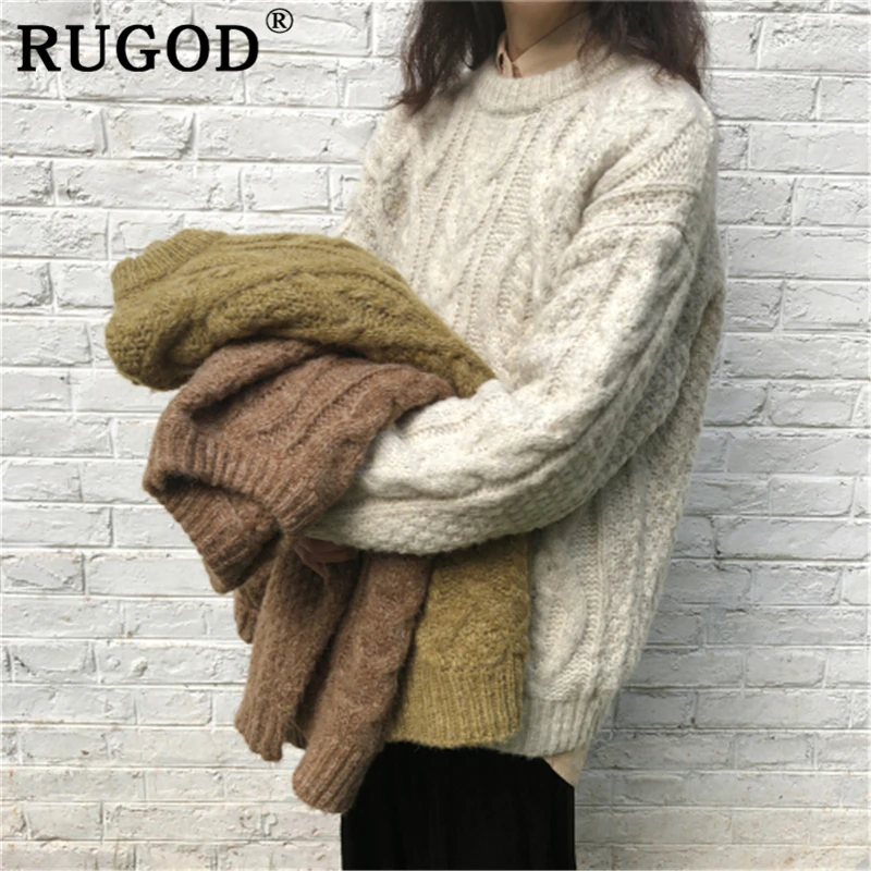 RUGOD корейский однотонный базовый женский свитер элегантный круглый вырез витой длинный рукав вязаный пуловер Женский модные свитера