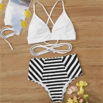 

#Z45 Stripe High Waist Bikini Women Swimwear Bandage Solid Top Halter Bikini Set Padded Bandeau Sexy Swimsuit Swim Suit Bather
