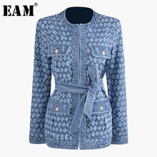 [EAM] джинсовая куртка с ремнем на пуговицах, новинка, Женское пальто с отворотом и длинным рукавом, модное осенне-зимнее пальто JZ281