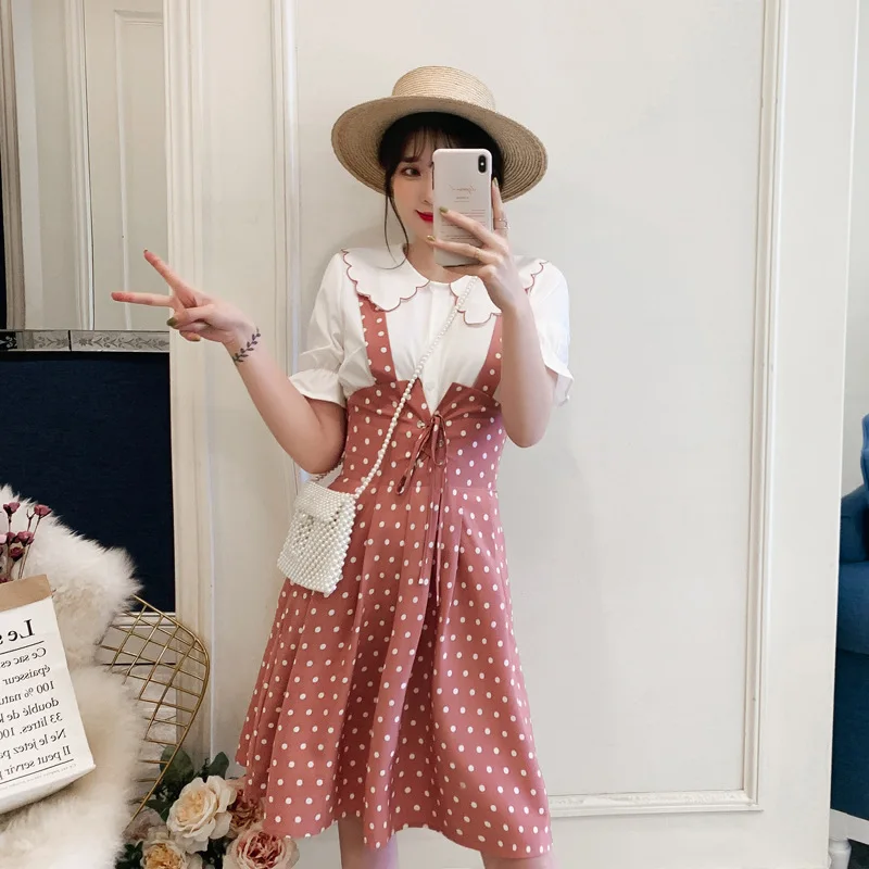 

2019 Summer Wear New Style Large Size Dress Fat Mm Plus-sized Slimming Tops Polka Dot Suspender Skirt Two-Piece Set Women's