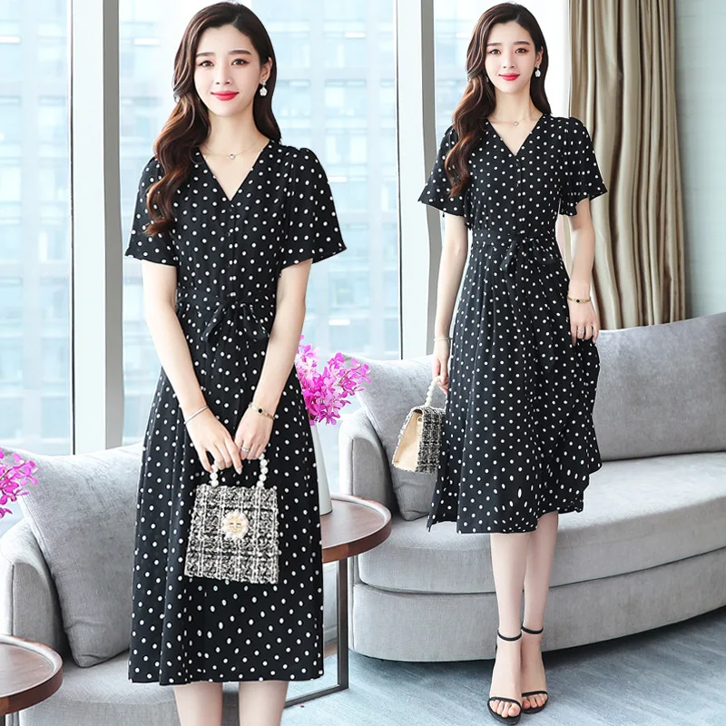 

V-neck Polka Dot Chiffon Maxi Dress Women's Summer New Style Korean-style Black And White with Pattern Normcore Style Immortal S