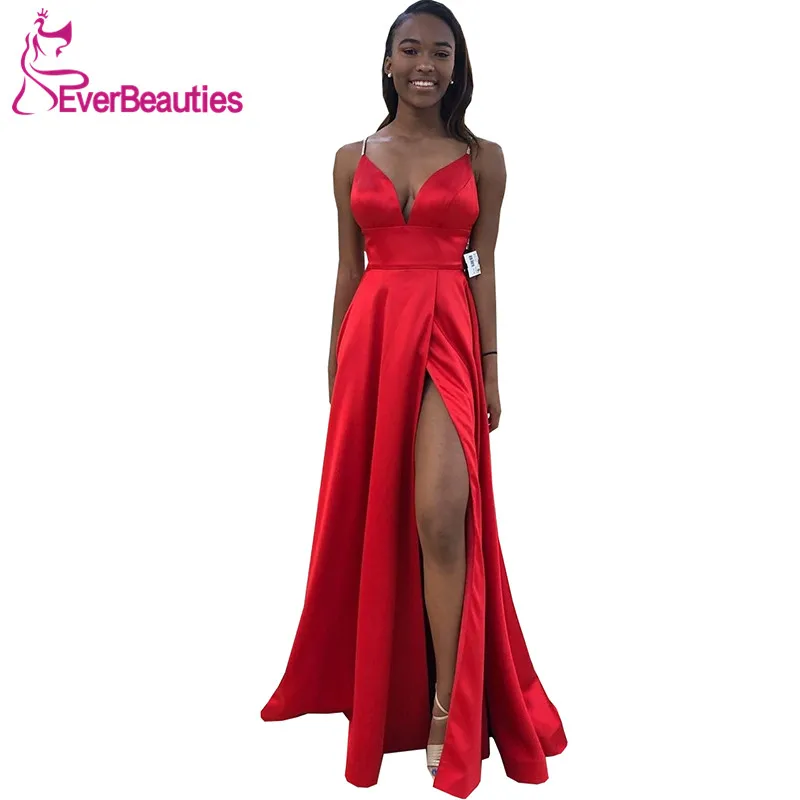 Красные вечерние платья Длинные атласные с v-образным вырезом Robe De Soiree Вечерние платья Вечернее платье - Цвет: as picture