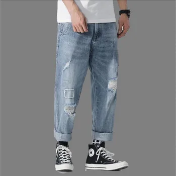 

Male Loose Harem Jeans Ankle-Length Denim Pant Male Hole Patch Large Size Jeans Worn Harem Pants Ripped Jeans