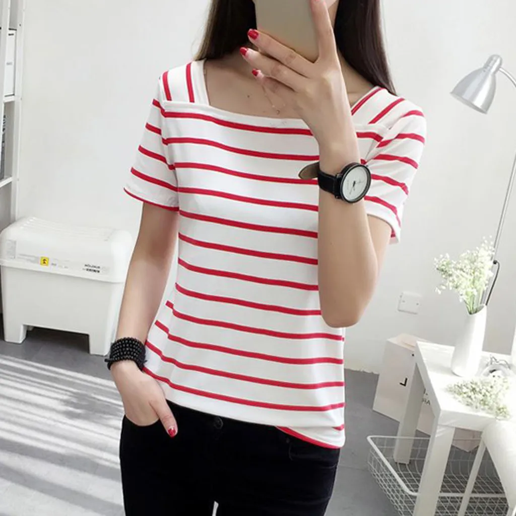 Красивая летняя полосатая VogueTshirt для женщин с коротким рукавом, Облегающая рубашка с квадратным вырезом, женская уличная одежда