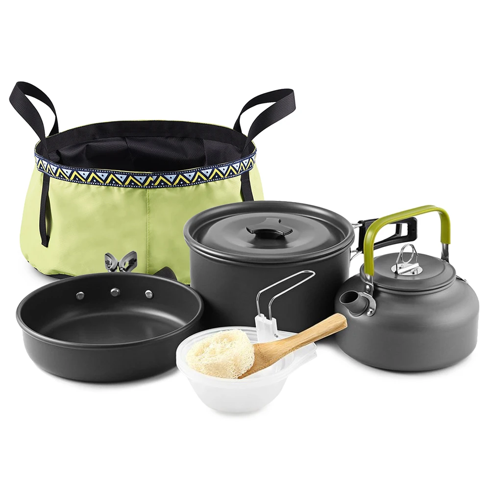 Outdoor 10Pcs Camping Cookware Mess Kit Aluminum Backpacking Cooking Pot Pan Kettle Set Tableware With Folding Wash Basin Bucket