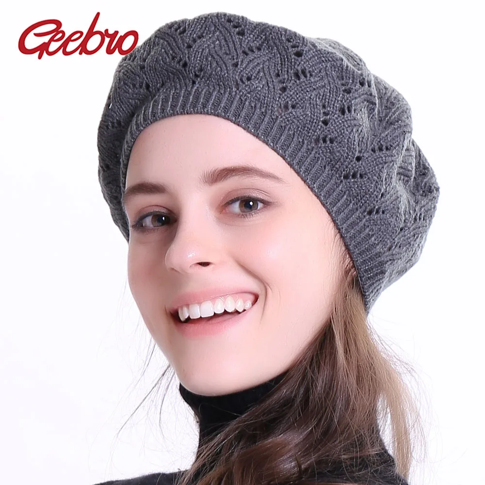 

Geebro Women's Plain Color Knitted Soft Fashion New Berets Ladies French Artist New Spring Casual Thin Net Acrylic Caps Turban