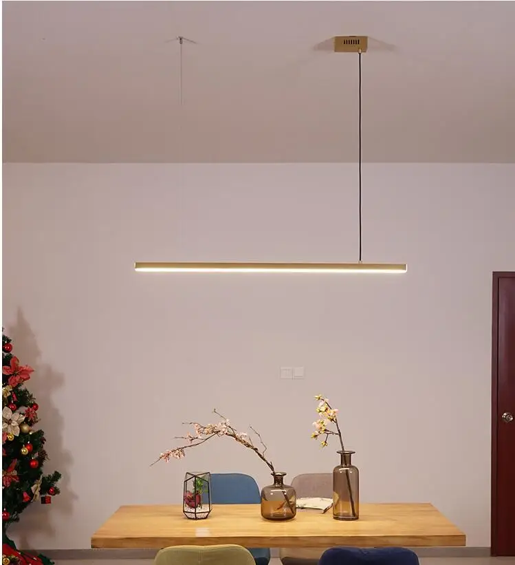 

Modern Nordic simple creative personality designer led strip lamp all copper dining room study living room chandelier