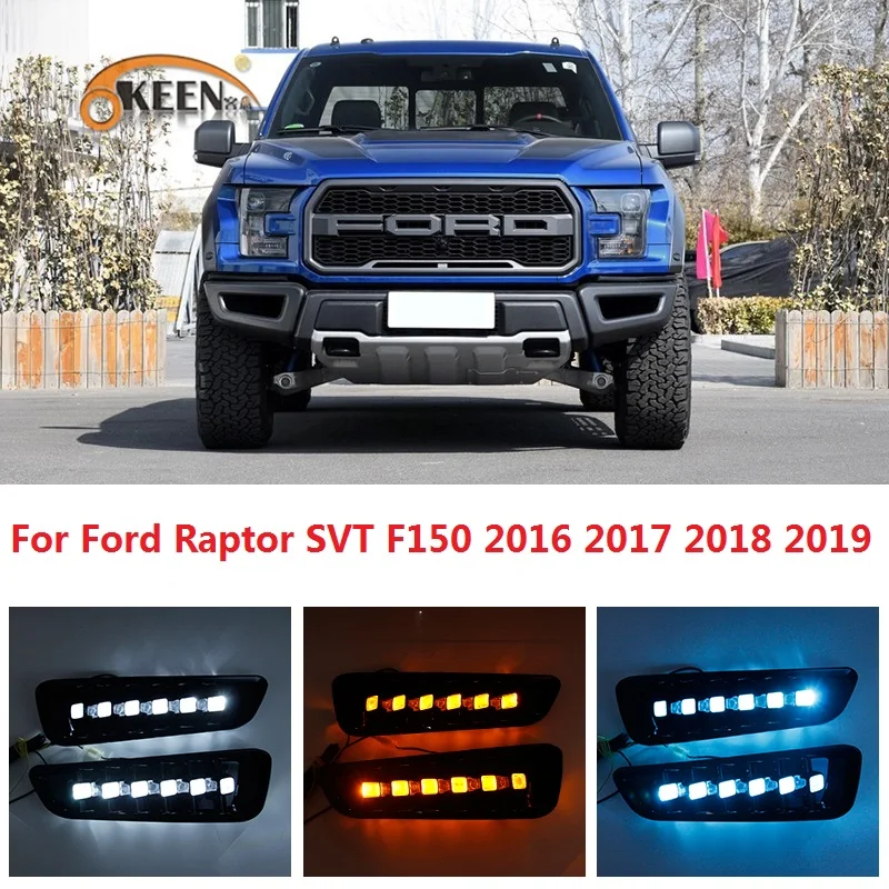 

OKEEN 2pcs Car DRL LED Daytime Running Lights with Turn Signal Yellow Fog Lamp For Ford Raptor SVT F150 2016 2017 2018 2019