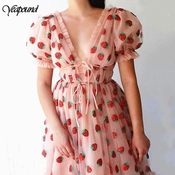 

Summer Ruffle Sequined Strawberry Dress Women V-Neck Short Sleeve Bohemia Mesh Holiday Dress Backless Lace Pleated Hem Dress