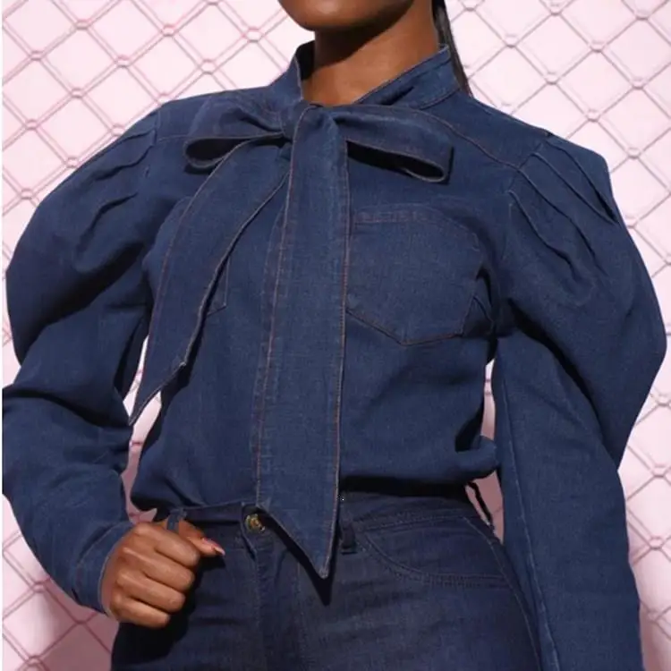 

Autumn Winter Casual Denim Blouse Bow Women Top Solid Butterfly Collar Lantern Sleeve Denim Shirt